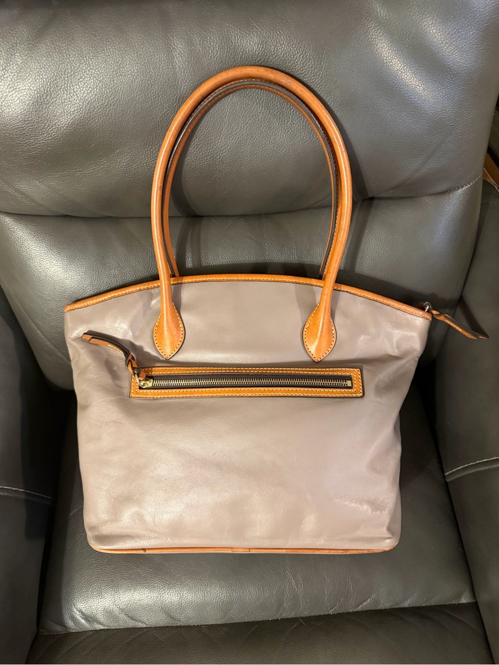 Dooney & Bourke Taupe Leather Tote with Tan Leather Trim DO NOT BUY ON HOLD - Picture 2 of 13